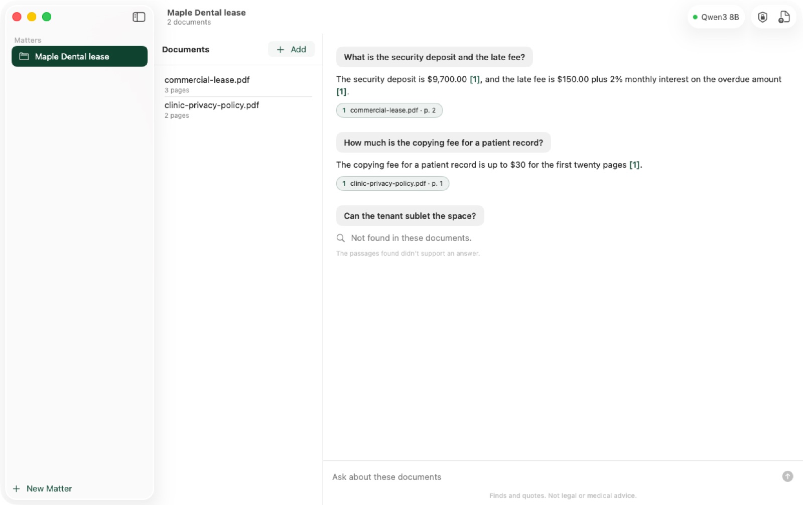 Innerward answering questions about a lease and a clinic policy, each answer citing its page