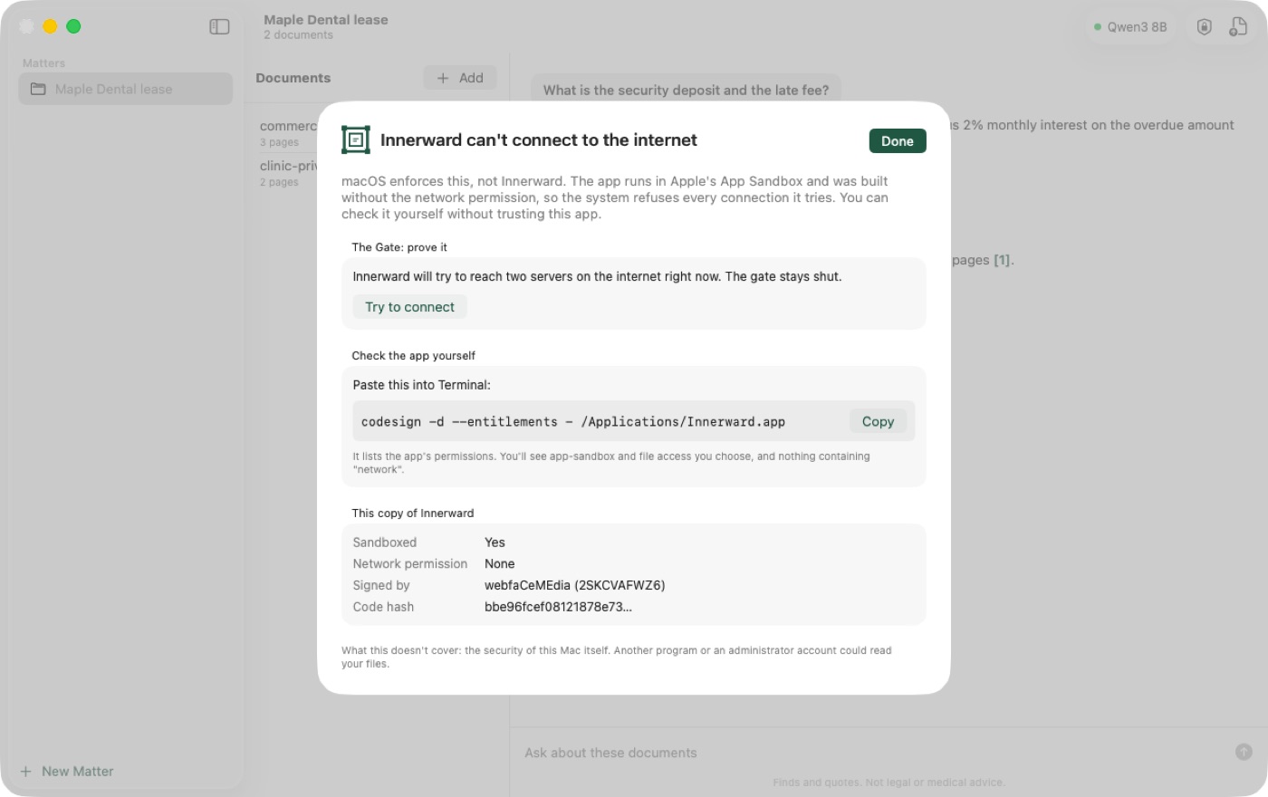 Innerward's Privacy panel: sandboxed, no network permission, signed by webfaCeMEdia
